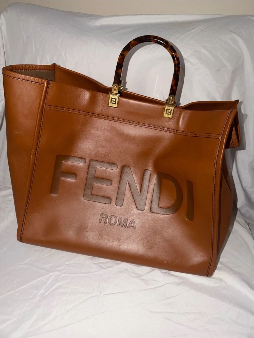 Fendi Cognac Leather ROMA Tote with Tortoiseshell Handles
